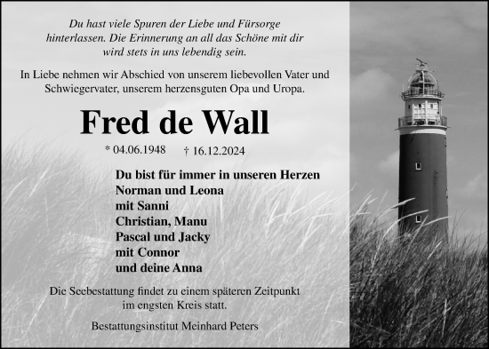 Traueranzeige von Fred de Wall von Emder Zeitung