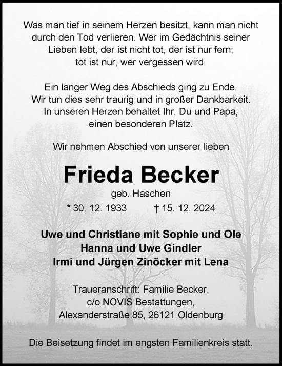 Traueranzeige von Frieda Becker von WZ/JW/AH