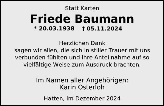Traueranzeige von Friede Baumann von Nordwest-Zeitung