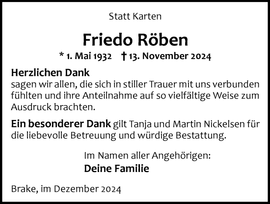 Traueranzeige von Friedo Röben von Nordwest-Zeitung