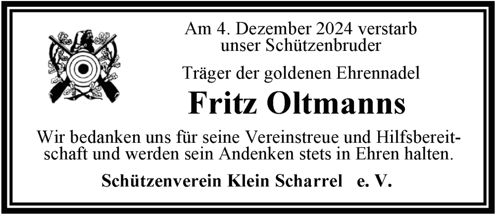  Traueranzeige für Fritz Oltmanns vom 07.12.2024 aus Nordwest-Zeitung