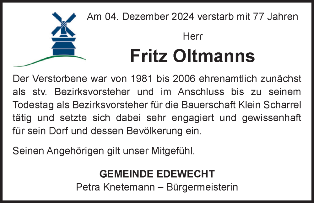  Traueranzeige für Fritz Oltmanns vom 07.12.2024 aus Nordwest-Zeitung