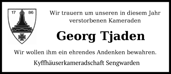Traueranzeige von Georg Tjaden von WZ/JW/AH