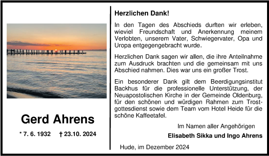 Traueranzeige von Gerd Ahrens von Nordwest-Zeitung