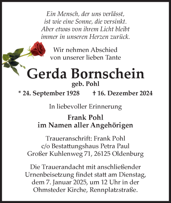 Traueranzeige von Gerda Bornschein von Nordwest-Zeitung