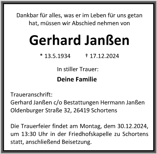 Traueranzeige von Gerhard Janßen von WZ/JW/AH