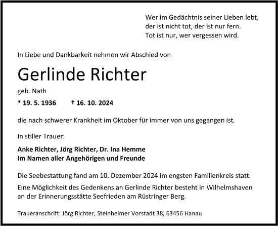 Traueranzeige von Gerlinde Richter von WZ/JW/AH