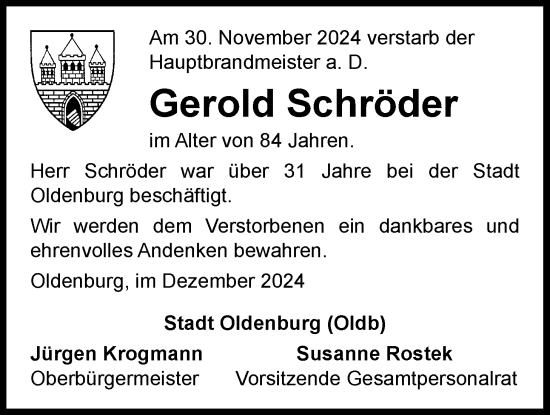 Traueranzeige von Gerold Schröder von Nordwest-Zeitung