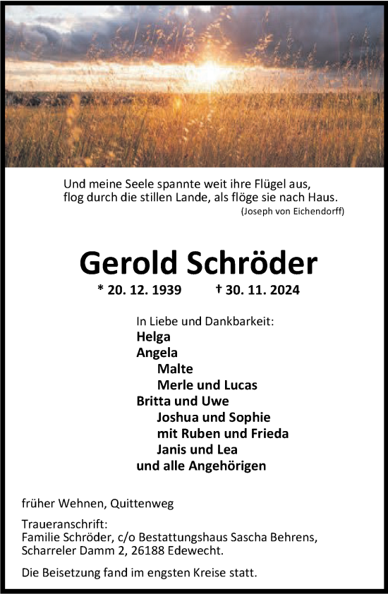 Traueranzeige von Gerold Schröder von Nordwest-Zeitung