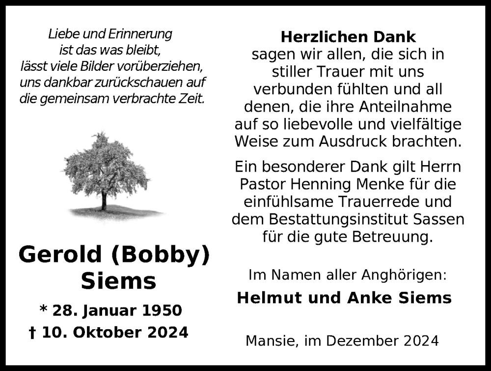  Traueranzeige für Gerold Siems vom 10.12.2024 aus Nordwest-Zeitung