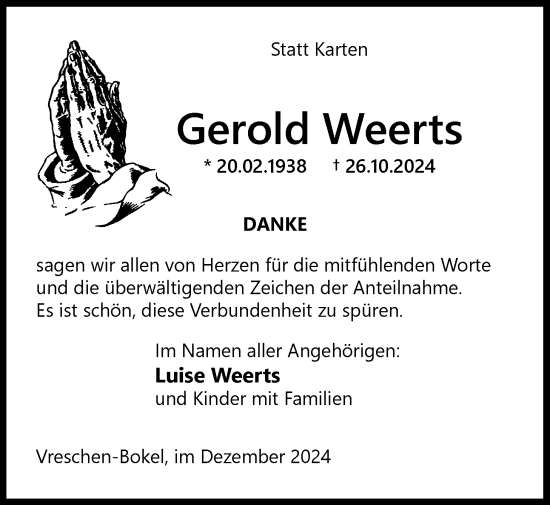 Traueranzeige von Gerold Weerts von Nordwest-Zeitung