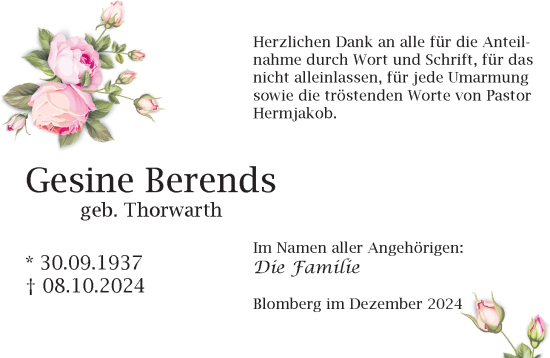Traueranzeige von Gesine Berends von WZ/JW/AH