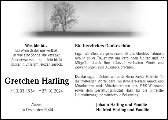 Traueranzeige von Gretchen Harling von WZ/JW/AH