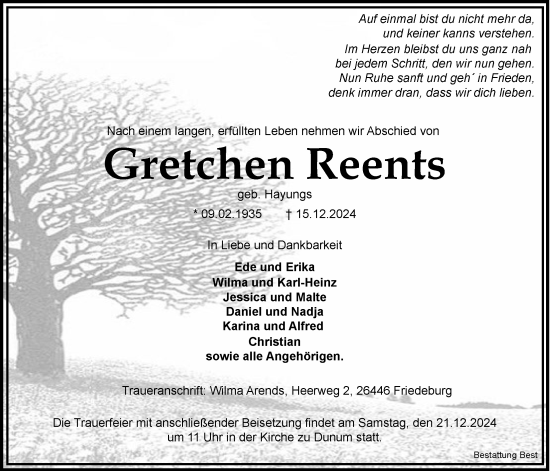 Traueranzeige von Gretchen Reents von WZ/JW/AH