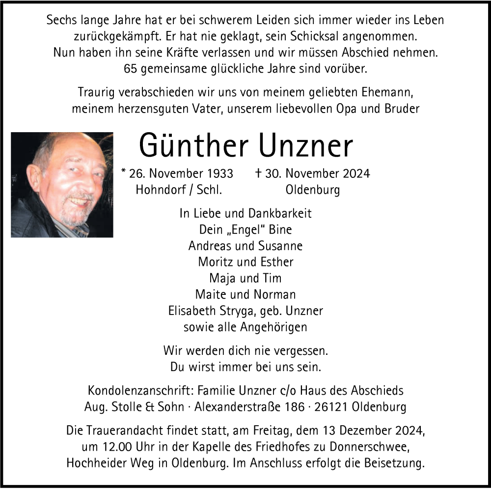 Traueranzeige für Günther Unzner vom 07.12.2024 aus Nordwest-Zeitung