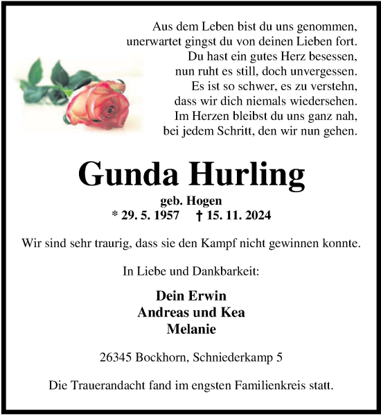 Traueranzeige von Gunda Hurling von Nordwest-Zeitung