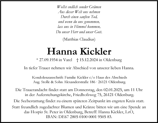 Traueranzeige von Hanna Kickler von Nordwest-Zeitung