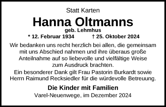Traueranzeige von Hanna Oltmanns von Nordwest-Zeitung