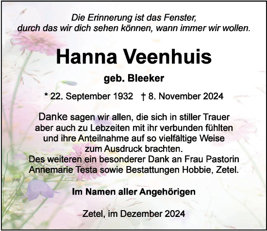 Traueranzeige von Hanna Veenhuis von Nordwest-Zeitung