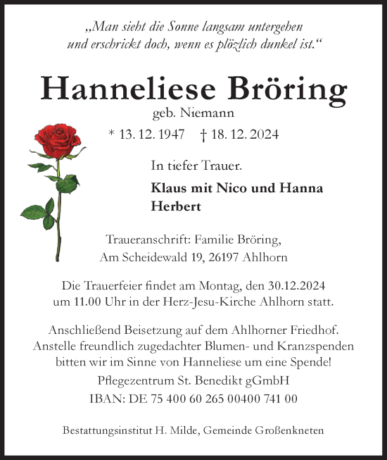 Traueranzeige von Hanneliese Bröring von Nordwest-Zeitung