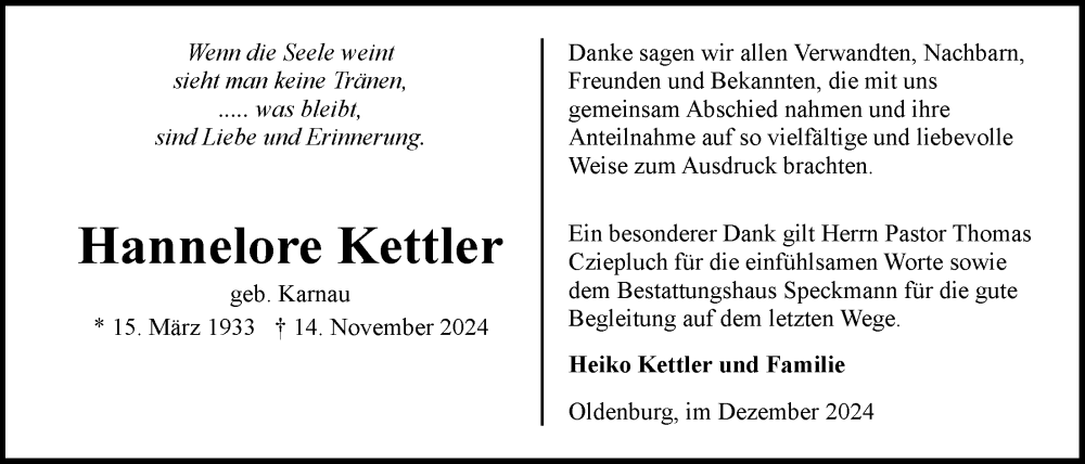  Traueranzeige für Hannelore Kettler vom 28.12.2024 aus Nordwest-Zeitung