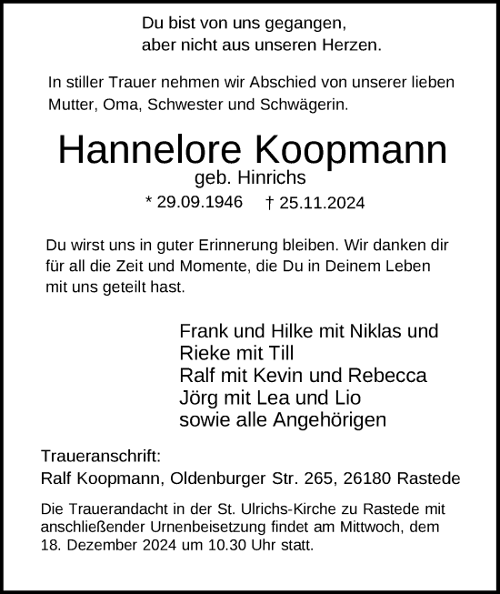 Traueranzeige von Hannelore Koopmann von Nordwest-Zeitung