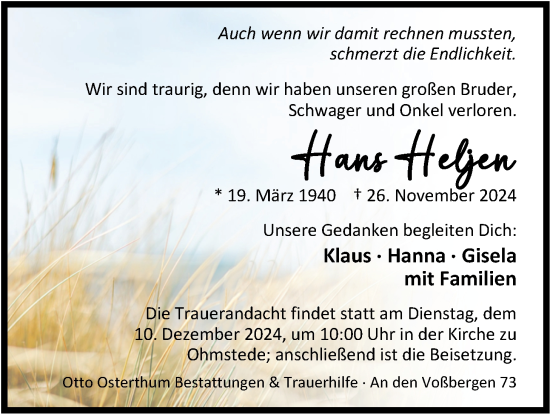 Traueranzeige von Hans Heljen von Nordwest-Zeitung