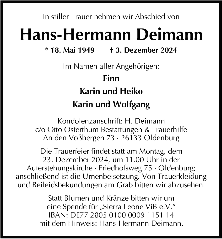  Traueranzeige für Hans-Hermann Deimann vom 14.12.2024 aus Nordwest-Zeitung