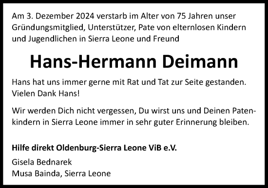Traueranzeige von Hans-Hermann Deimann von Nordwest-Zeitung