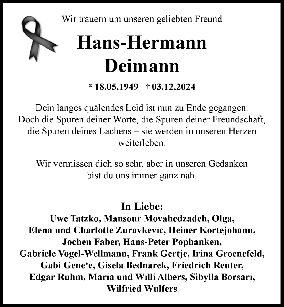  Traueranzeige für Hans-Hermann Deimann vom 17.12.2024 aus Nordwest-Zeitung