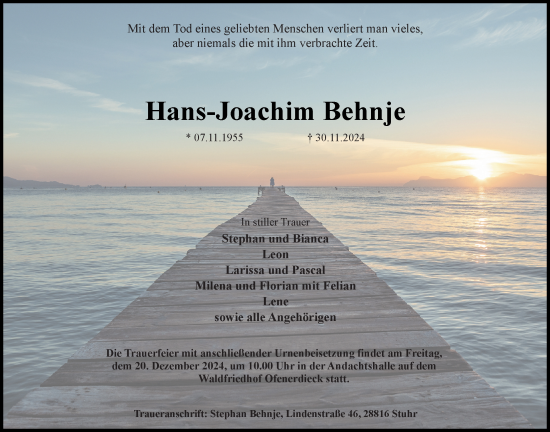 Traueranzeige von Hans-Joachim Behnje von Nordwest-Zeitung