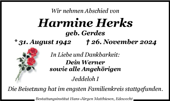 Traueranzeige von Harmine Herks von Nordwest-Zeitung