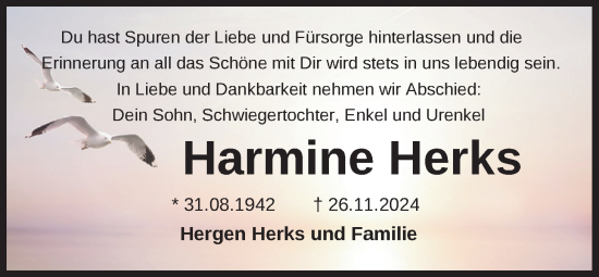 Traueranzeige von Harmine Herks von Nordwest-Zeitung