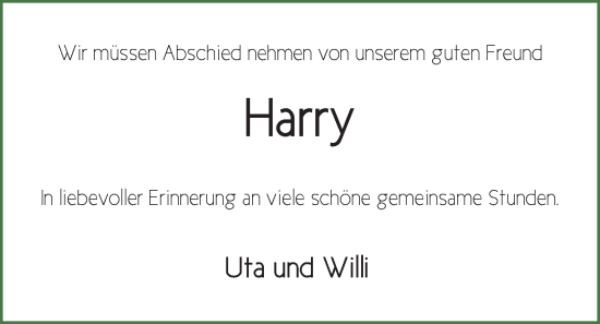 Traueranzeige von Harry Haferkorn von WZ/JW/AH