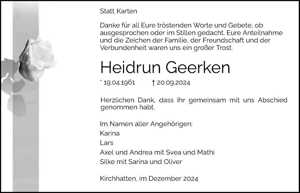  Traueranzeige für Heidrun Geerken vom 28.12.2024 aus Nordwest-Zeitung