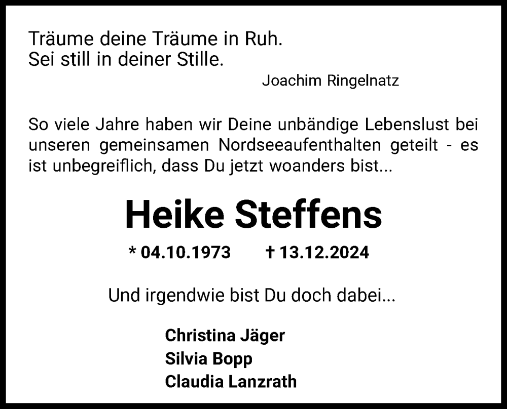  Traueranzeige für Heike Steffens vom 18.12.2024 aus Nordwest-Zeitung