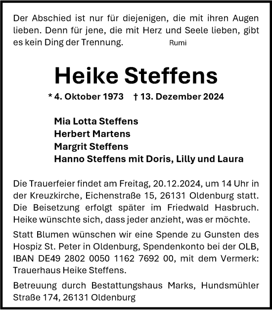 Traueranzeige von Heike Steffens von Nordwest-Zeitung