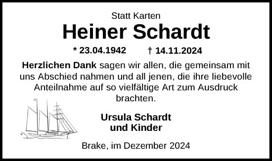 Traueranzeige von Heiner Schardt von Nordwest-Zeitung