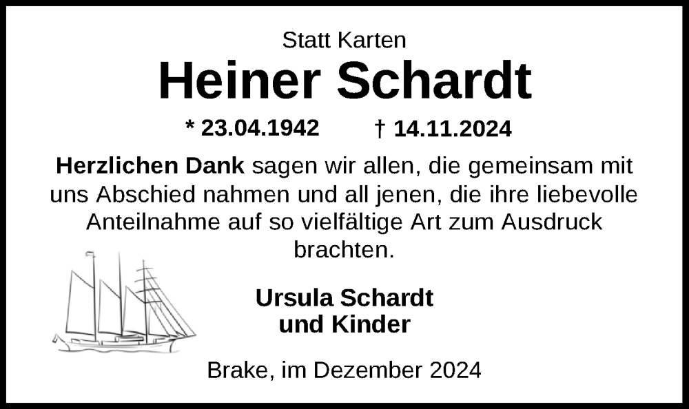  Traueranzeige für Heiner Schardt vom 21.12.2024 aus Nordwest-Zeitung
