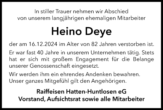 Traueranzeige von Heino Deye von Nordwest-Zeitung