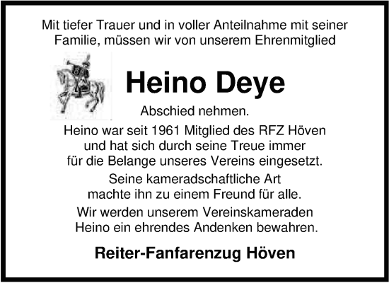 Traueranzeige von Heino Deye von Nordwest-Zeitung