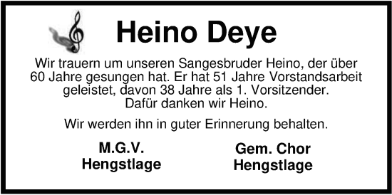 Traueranzeige von Heino Deye von Nordwest-Zeitung