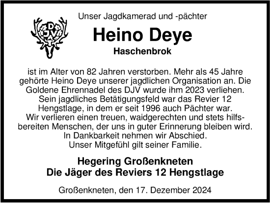 Traueranzeige von Heino Deye von Nordwest-Zeitung