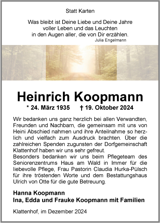 Traueranzeige von Heinrich Koopmann von Nordwest-Zeitung