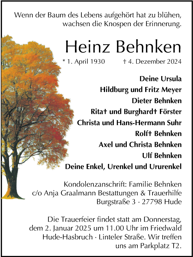  Traueranzeige für Heinz Behnken vom 14.12.2024 aus Nordwest-Zeitung