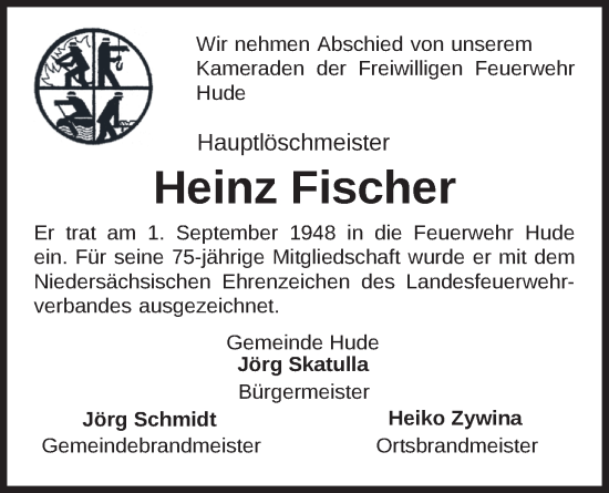 Traueranzeige von Heinz Fischer von Nordwest-Zeitung