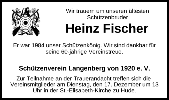 Traueranzeige von Heinz Fischer von Nordwest-Zeitung