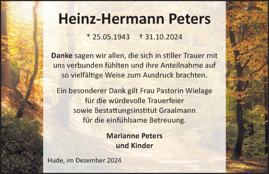 Traueranzeige von Heinz-Hermann Peters von Nordwest-Zeitung