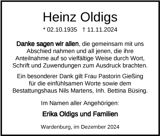 Traueranzeige von Heinz Oldigs von Nordwest-Zeitung