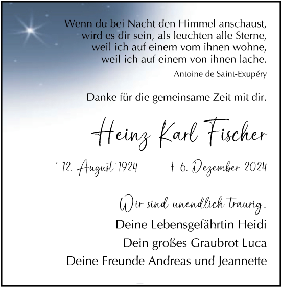 Traueranzeige von Heinz Karl Fischer von Nordwest-Zeitung